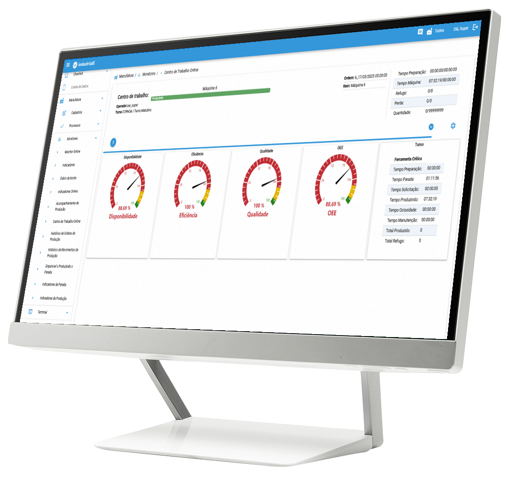 Painel online das máquinas em um monitor numa linha produtiva